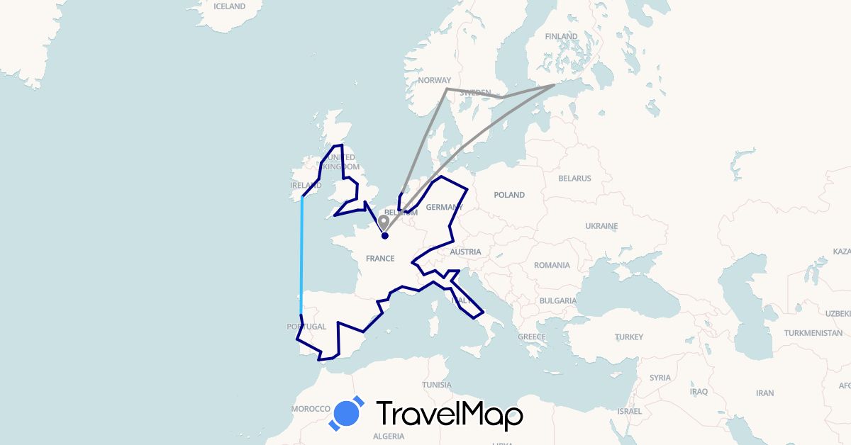 TravelMap itinerary: driving, plane, boat in Andorra, Belgium, Switzerland, Germany, Denmark, Spain, Finland, France, United Kingdom, Ireland, Italy, Monaco, Netherlands, Portugal, Sweden (Europe)